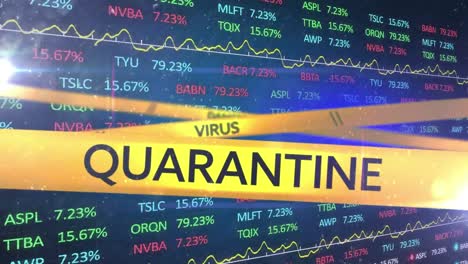 Yellow-police-tapes-with-Danger-Virus-Quarantine-text-against-stock-market-data-processing
