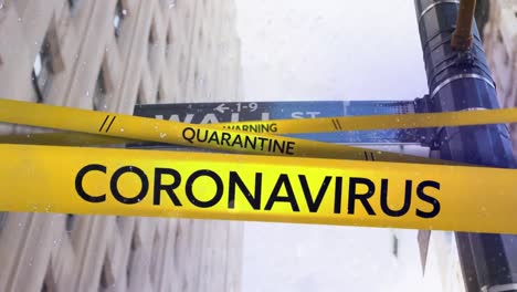 Words-Quarantine,-Warning-and-coronavirus-written-on-yellow-tape-over-a-Wall-Street-street-sign-in-t