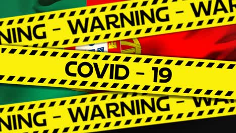 Animation-of-the-words-Covid-19-and-Warning-written-on-yellow-tape-over-a-Portugese-flag-in-the-back