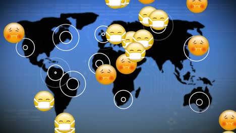 Animation-of-group-of-emojis-flowing-over-world-map-on-blue-background.-