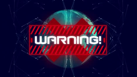 Animation-of-the-word-Warning!-written-over-red-cross-and-globe-spinning-on-blue-background.-