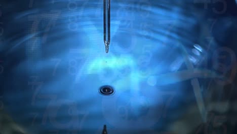 Animation-of-a-close-up-of-liquid-dripping-from-a-needle-into-water-creating-ripples-on-blue-backgro