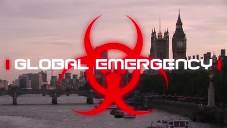 Animation-Der-Worte-„Globaler-Notfall“,-Geschrieben-über-Gesundheitsgefahrenschild-Und-Stadtbild-Im-Hintergrund