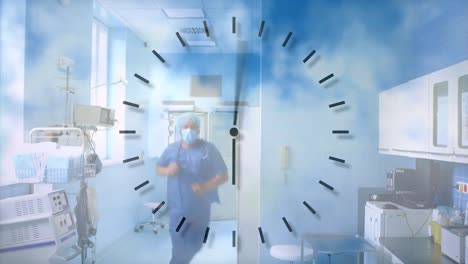 Animation-of-a-clock-ticking-over-doctors-running-through-hospital-hallway.-