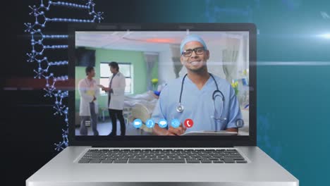 Animation-of-a-laptop-screen-showing-male-doctor-during-a-video-call.-
