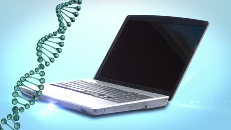Animation-of-a-DNA-strain-spinning-with-American-dollar-bills-coming-out-of-a-laptop.-