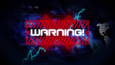 Animation-of-a-word-Warning-in-red-frame-on-red-cross-over-stock-market-display,-data-recording.-