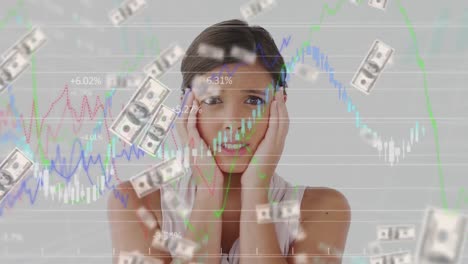 Animation-of-American-dollar-bills-falling,-stock-market-display-over-a-woman-holding-her-head.-
