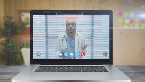 Animation-of-a-laptop-screen-showing-female-doctor-during-a-video-call.-