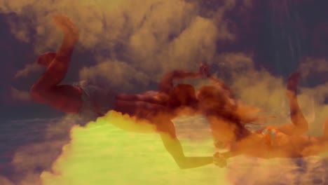 Animation-of-a-happy-couple-swimming,-kissing-by-seaside-with-orange-clouds.-