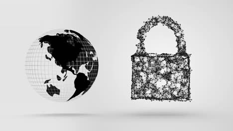 Animation-of-a-black-globe-spinning-and-a-padlock-on-white-background