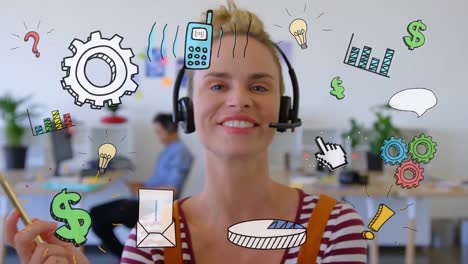 Animation-of-Caucasian-woman-smiling-at-the-camera-with-headphones-over-multiple-icons-