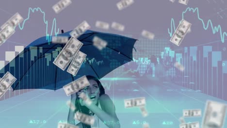 Animation-of-American-dollar-bills-falling-over-a-woman-hiding-under-an-umbrella,-stock-market-displ