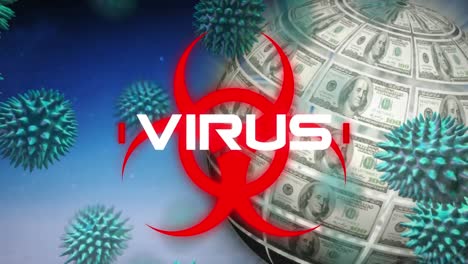 Animation-of-word-Virus-on-hazard-sign-with-macro-Covid-19-cells-floating,-globe-made-of-American-do