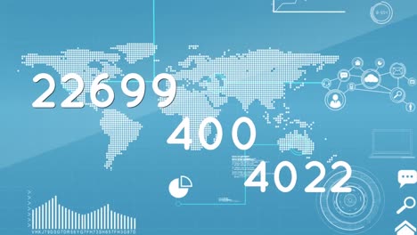 Animation-Von-Zahlen-Auf-Weißen-Sprechblasen-über-Der-Weltkarte