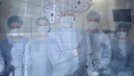 Animation-of-a-group-of-doctors-wearing-face-masks-over-people-walking-on-a-street.-
