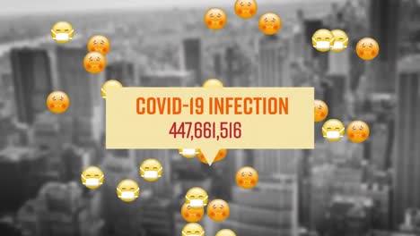 Animation-Der-Covid-19-Infektion-Und-Steigender-Zahlen,-Fliegende-Emoji-Symbole