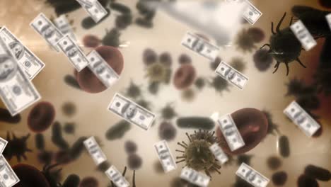 Animation-of-macro-Covid-19-cells-and-American-dollar-bills-floating.-