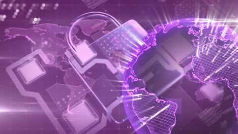 Animation-of-padlock-and-a-globe-spinning-on-purple-background