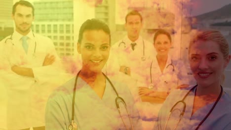 Animation-of-a-group-of-male-and-female-doctors-working-together-with-orange-clouds-moving.-