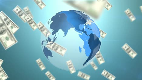 American-dollars-falling-over-spinning-globe-against-blue-background