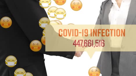 Covid-19-Infektion-Mit-Steigenden-Zahlen-Und-Sinkenden-Emojis-Gegen-Geschäftsleute,-Die-Sich-Die-Hände-Schütteln