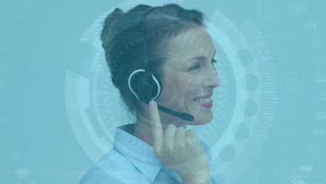 Animation-of-Caucasian-woman-wearing-headset-and-using-computer-over-circles-spreading