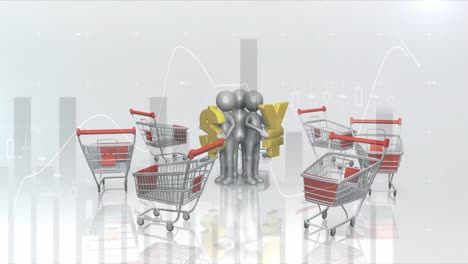 Digital-humans-holding-currency-symbols-against-shopping-trolleys-and-data-processing