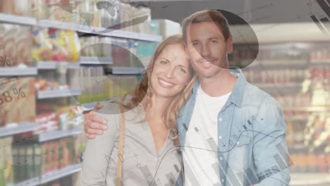 Financial-data-processing-against-couple-smiling-in-grocery-store