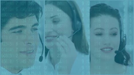 Animation-of-split-screen-of-three-multi-ethnic-call-centre-workers-wearing-headsets-talking-in-offi
