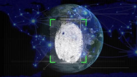 Fingerprint-scanner-over-spinning-globe-against-network-of-connections