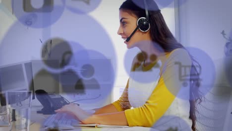 Animation-of-people-icons-flying-over-a-woman-using-phone-headset-at-home