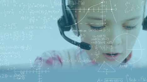 Animation-of-Caucasian-boy-wearing-headset-using-computer-over-mathematics-equations