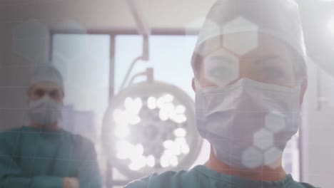 Animation-of-surgeons-in-a-room-over-glowing-rays