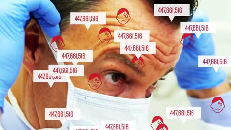 Animation-of-a-surgeon-putting-on-a-mask-over-red-icons-and-bubble-speech-wiht-increasing-numbers