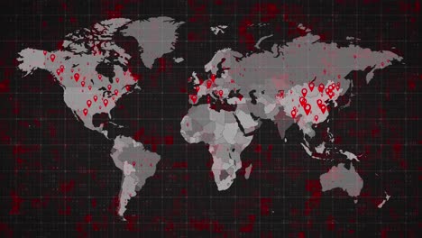 Animation-Der-Weltkarte-Und-Länder,-Die-Durch-Kreise-Vor-Dunklem-Hintergrund-Rot-Werden