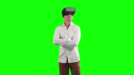 Animation-of-a-Caucasian-man-wearing-3D-goggles-in-a-green-background