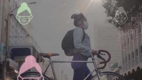 Animation-Einer-Frau-Mit-Maske-Und-Fahrrad-Auf-Der-Straße-über-Grünen-Und-Rosa-Makrosymbolen