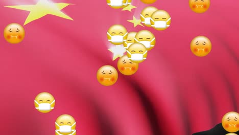 Animation-of-the-Chinese-flag-glowing-over-multiple-icons-falling