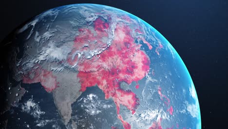 Animation-Des-Planeten-Erde,-Der-Sich-Dreht,-Und-Der-Länder,-Die-Durch-Kreise-In-Einem-Blauen-Da-Rot-Werden