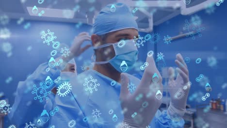 Animation-of-a-surgeon-getting-prepared-with-bacteria-and-virus-icons