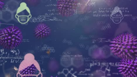 Animation-Von-Makro-Coronavirus-Covid-19-Zellen,-Die-Sich-über-Makrosymbole-Und-Formeln-Ausbreiten