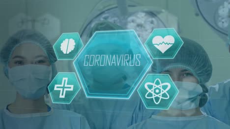 Animation-of-blue-medical-icons-over-surgeons-prepared-in-the-background