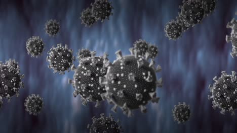 Animación-De-Células-Macro-Coronavirus-Covid-19-Flotando-Sobre-Un-Fondo-Azul