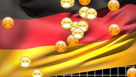 Animation-Der-Deutschen-Flagge-über-Mehreren-Fallenden-Symbolen