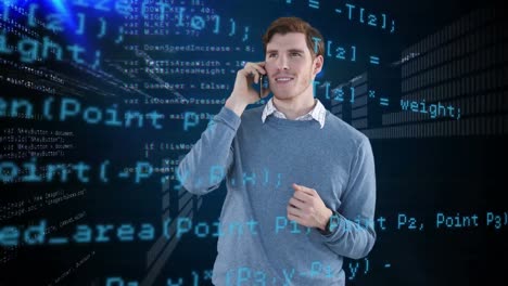 Animation-of-a-Caucasian-man-talking-on-a-phone-over-data-processing