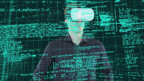 Animation-Eines-Kaukasischen-Mannes,-Der-Ein-VR-Headset-Trägt-Und-Einen-Interaktiven-3D-Bildschirm-Verwendet