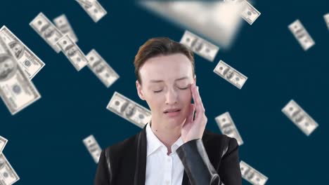 Animation-of-a-Caucasian-woman-crying-over-American-dollar-bills-floating