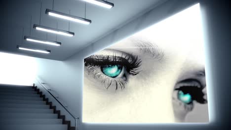 Animation-of-a-staircase-with-a-big-screen-showing-blue-eyes-of-a-Caucasian-woman