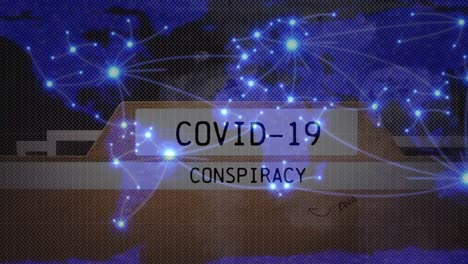 Animation-Einer-Datei-Mit-Geschriebener-Covid-19-Verschwörung-über-Einer-Weltkarte-Mit-Verbundenen-Glänzenden-Punkten